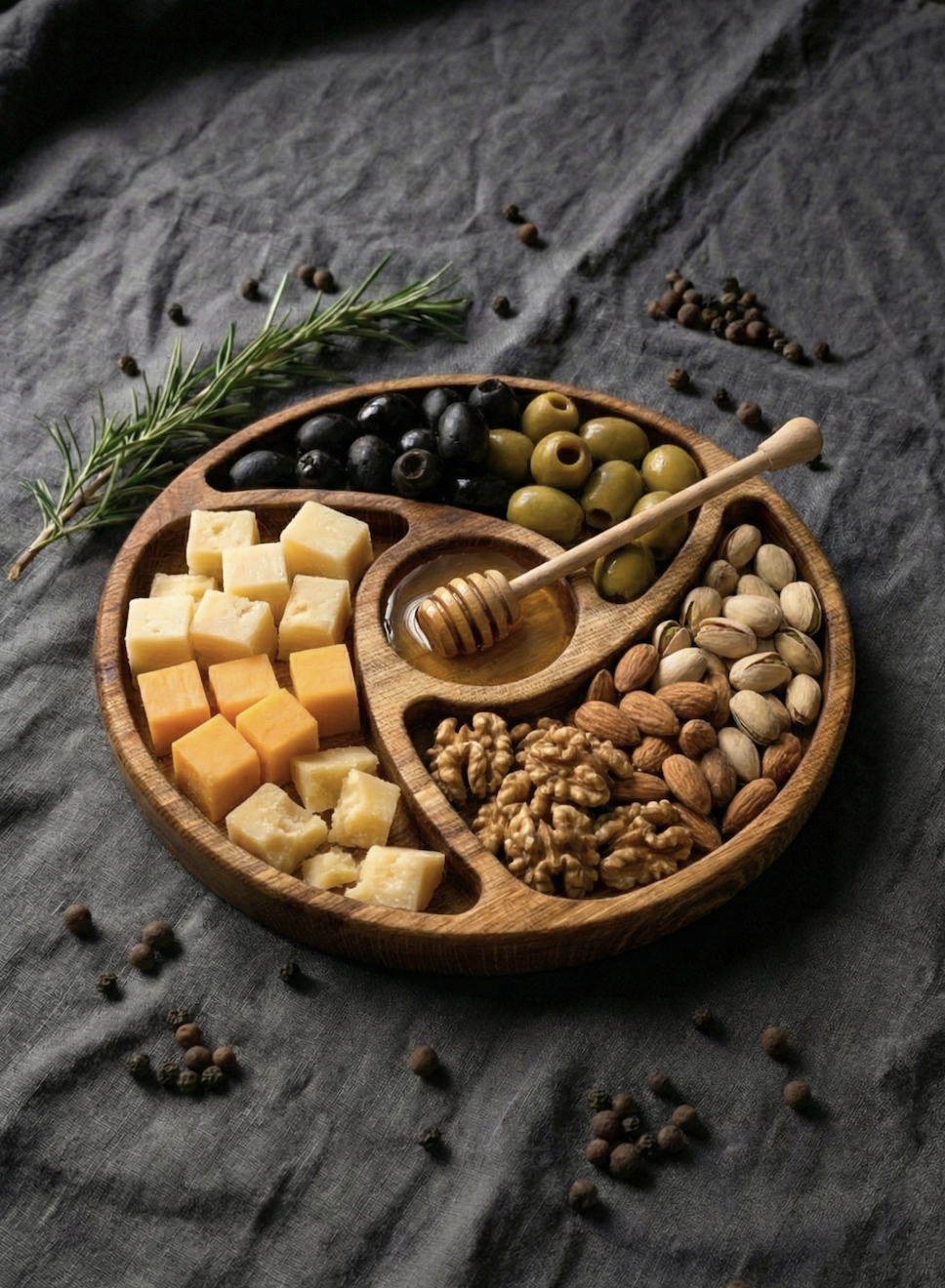 Менажница круглая из дуба 30 см на 4 секции