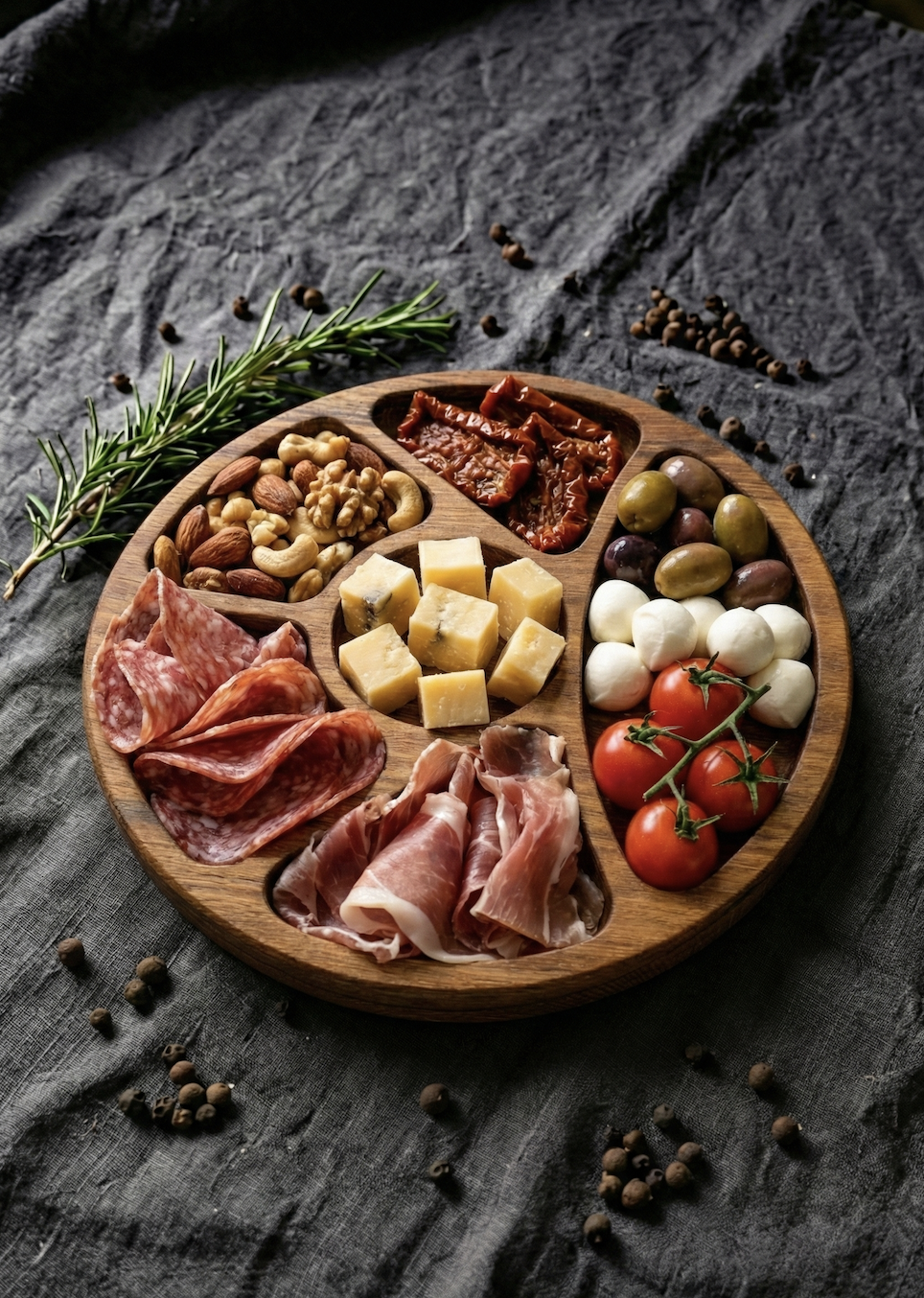 Менажница круглая из дуба 30 см на 6 секций