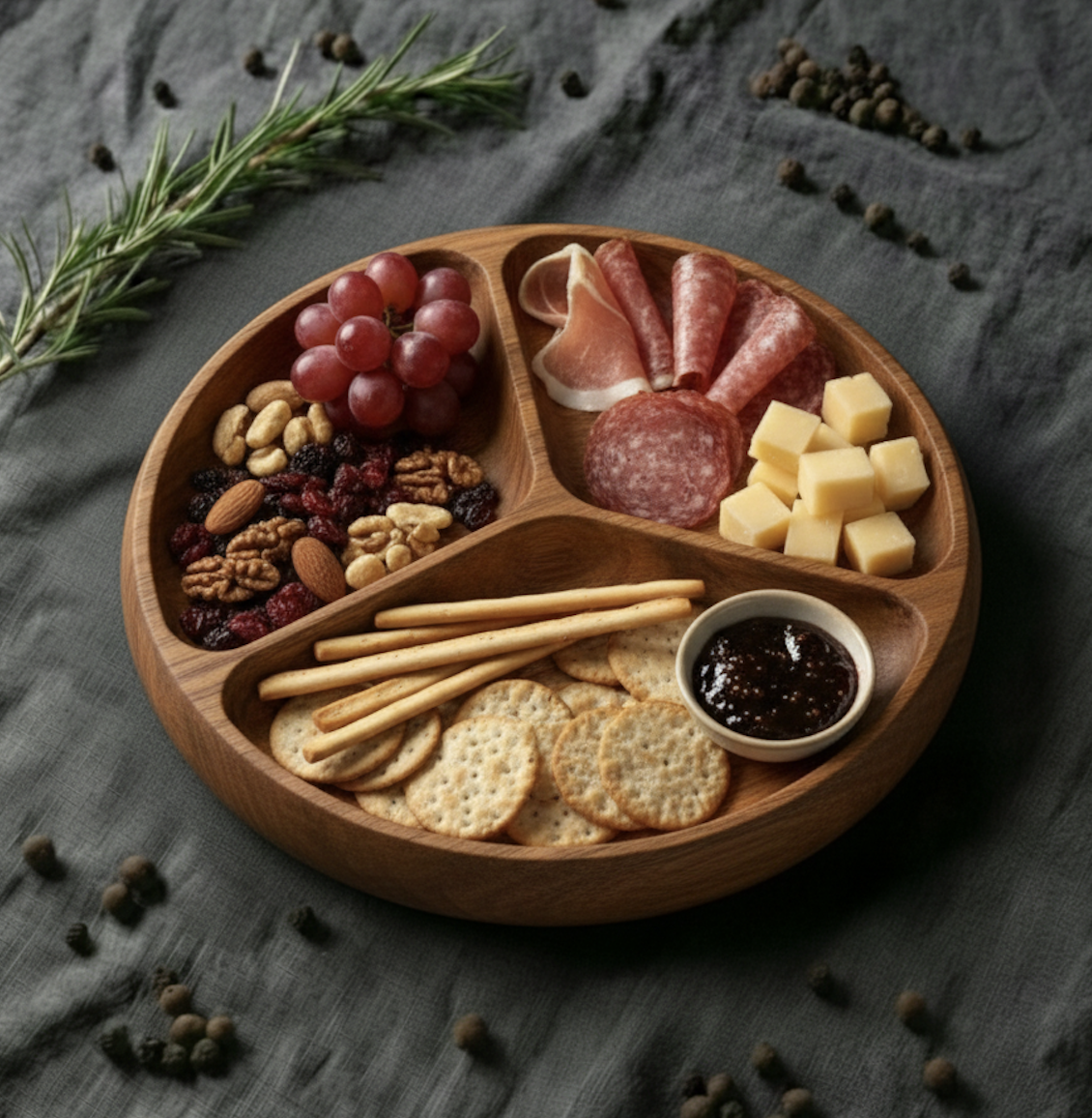 Менажница круглая из дуба 19 см на 3 секции